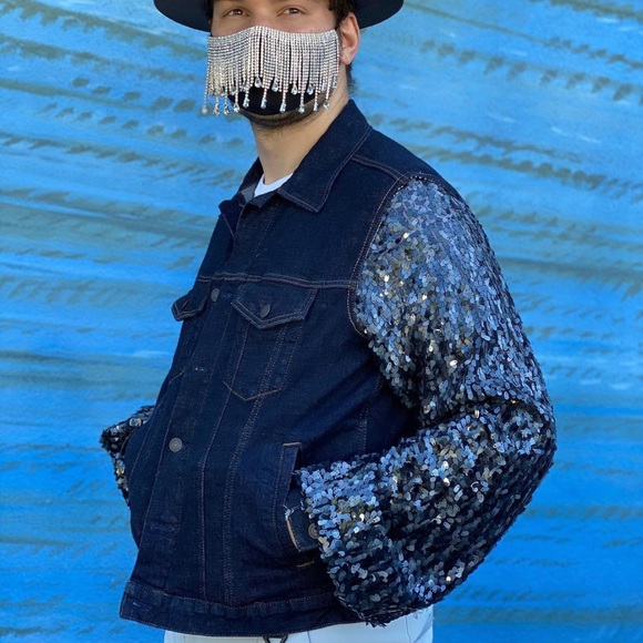Reporposed Denim Jacket with Sequin Billowy sleeve - Picture 4 of 9